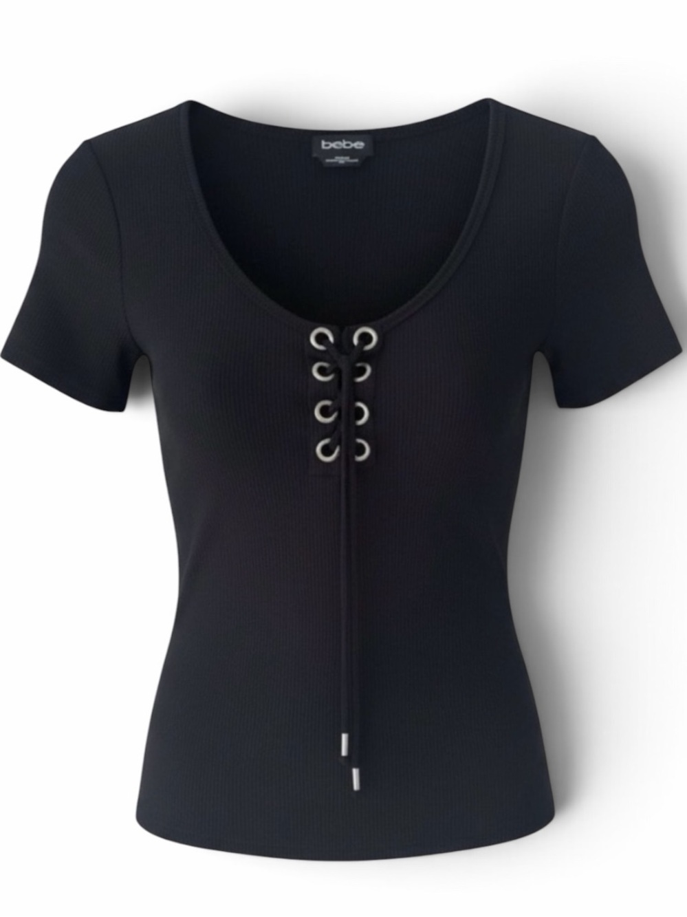 Bebe Black Scoop Neck Lace Up Ribbed Short Sleeve T-Shirt Size Medium